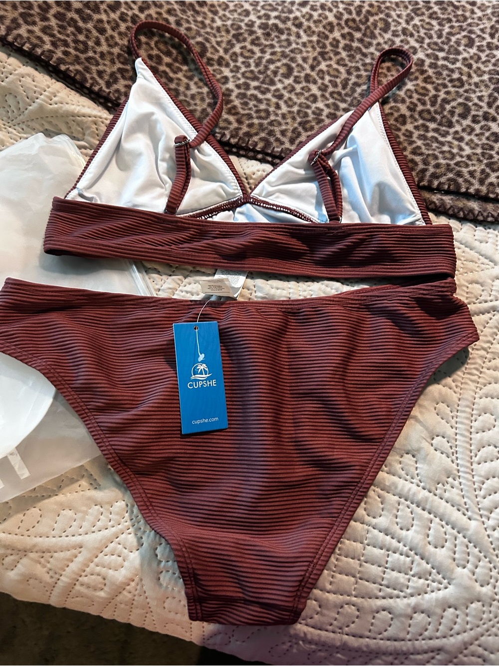 Cupshe Ribbed Rust Brown Triangle Bikini Set - Picture 2 of 4